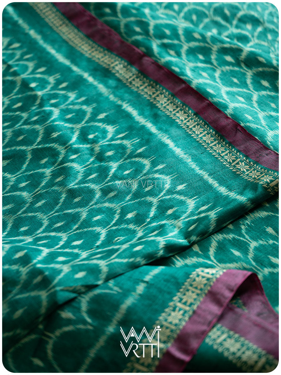 Emerald Green Samudra Lahar Ikat Handspun Tussar Silk Sari