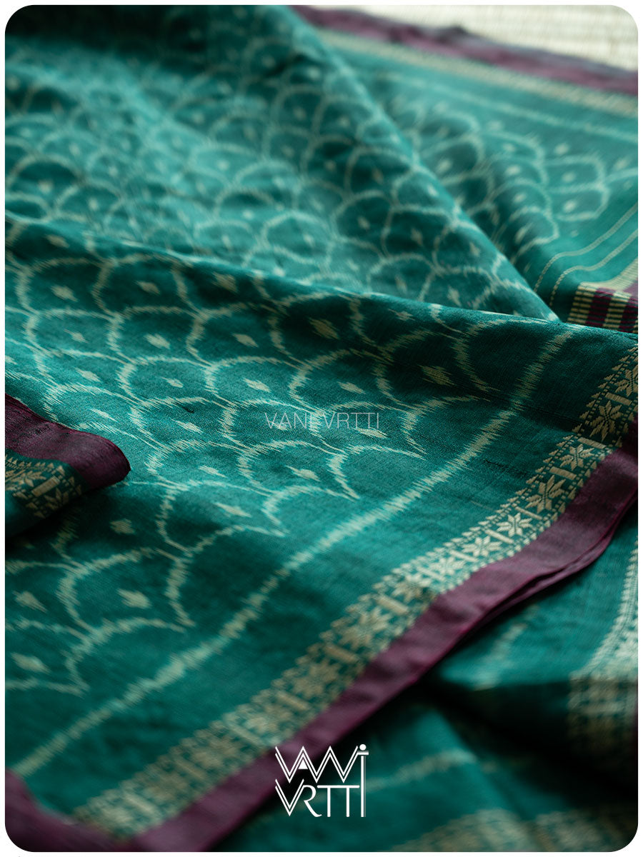 Emerald Green Samudra Lahar Ikat Handspun Tussar Silk Sari