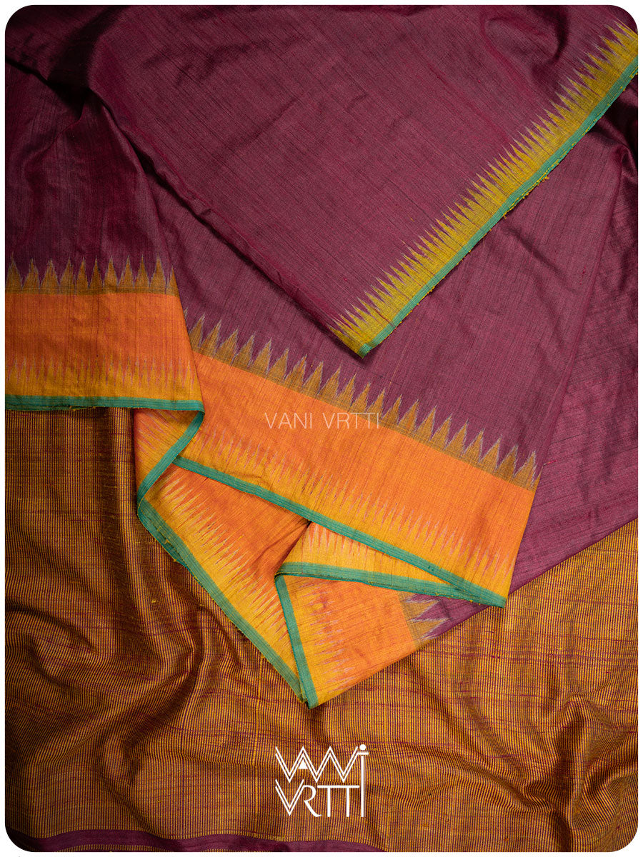 Burgundy Pink Orange Sangam Bristi Handspun Tussar Silk Saree