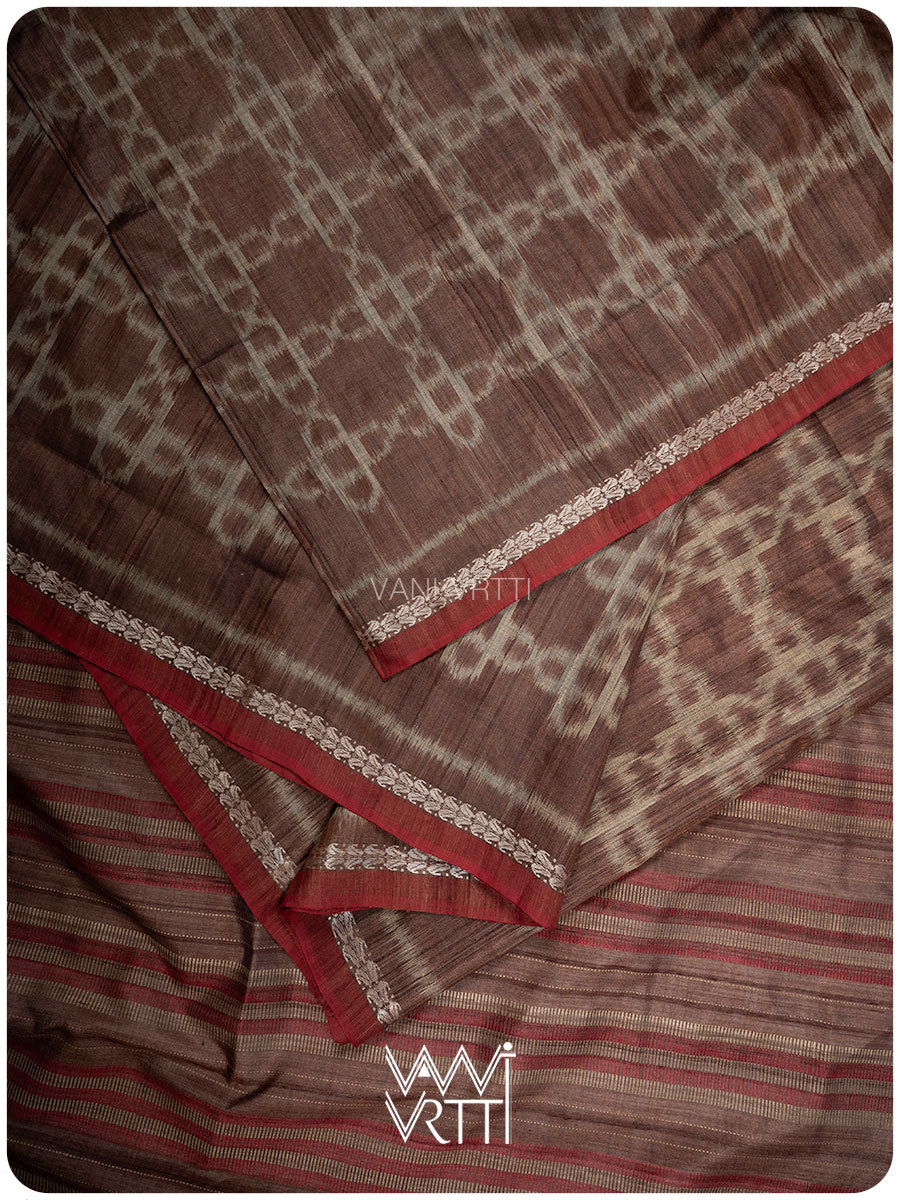 Light Brown Mughal Jaal Ikat Handspun Tussar Silk Sari