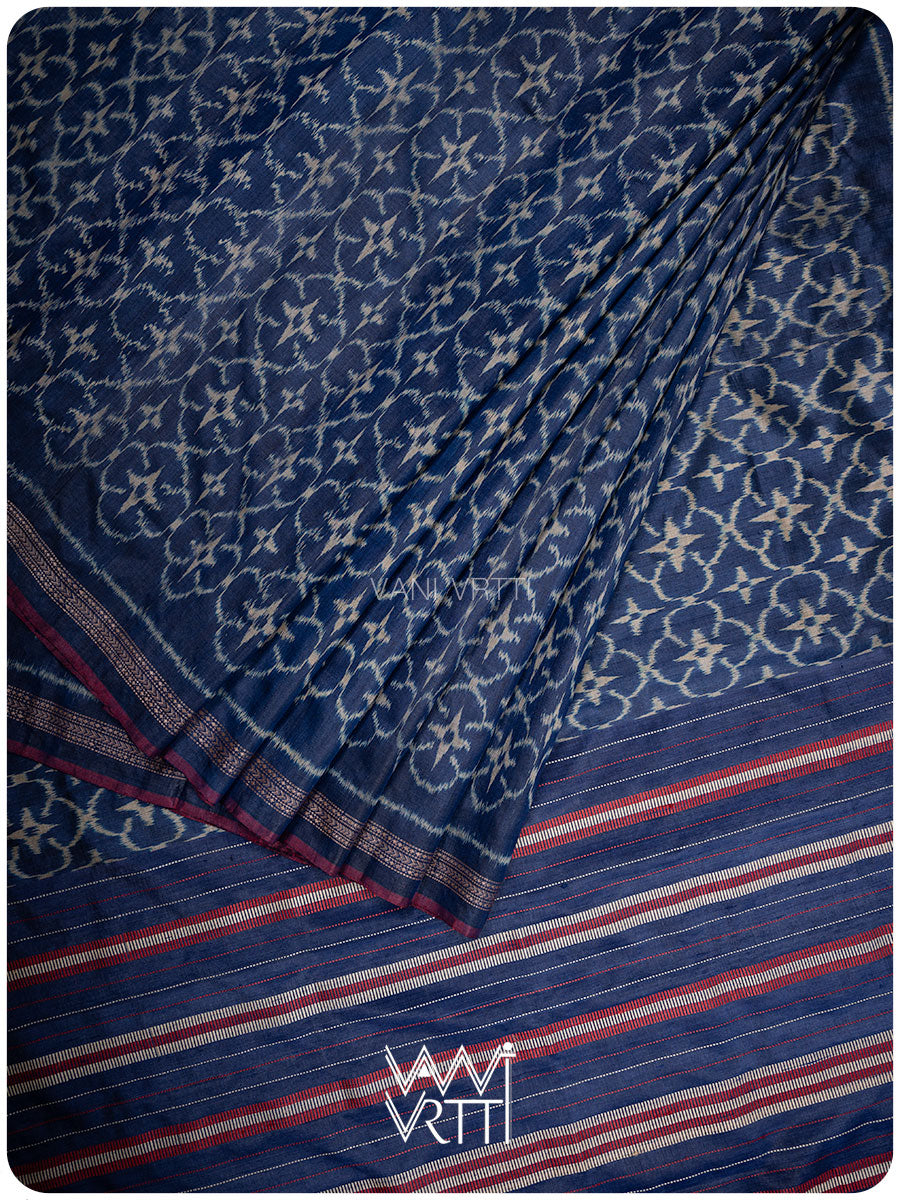 Navy Blue Chrysanthemum Master Weave Designer Handspun Ikat Tussar Silk Saree