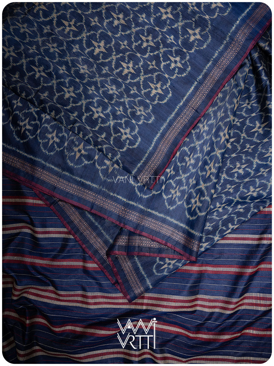 Navy Blue Chrysanthemum Master Weave Designer Handspun Ikat Tussar Silk Saree
