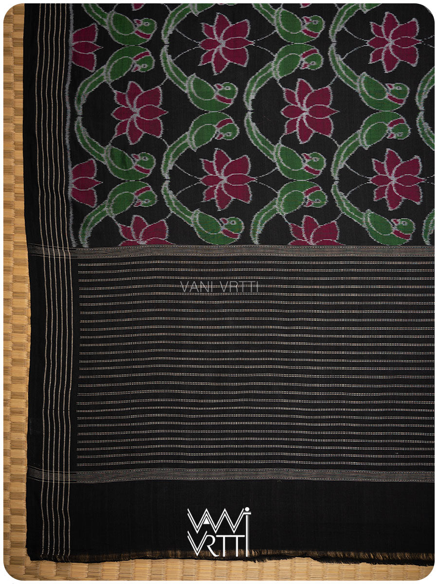 Black Deep Pink Lotus Parrot Fine Cotton Ikat Saree