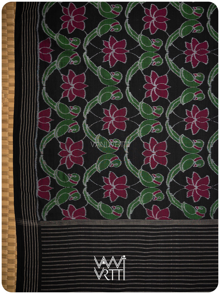 Black Deep Pink Lotus Parrot Fine Cotton Ikat Saree