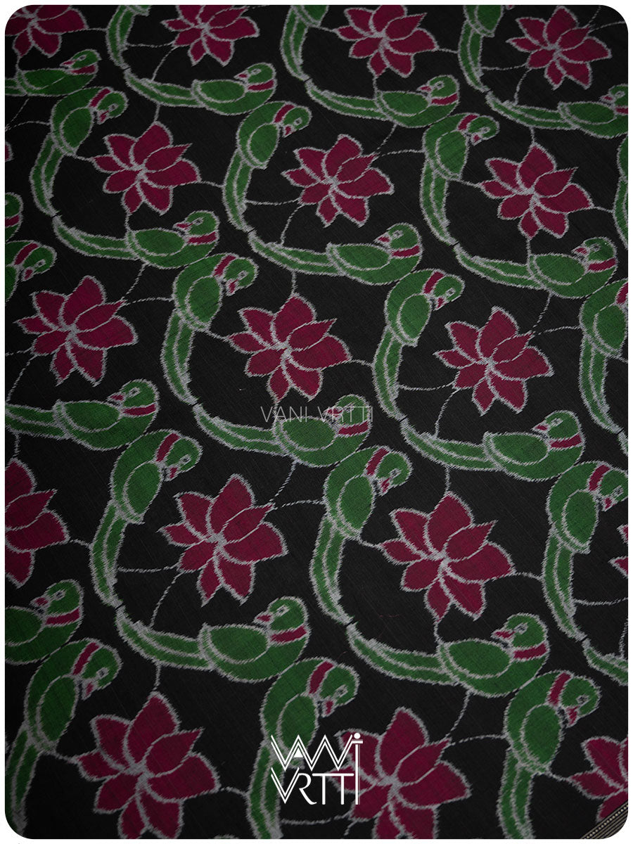 Black Deep Pink Lotus Parrot Fine Cotton Ikat Saree