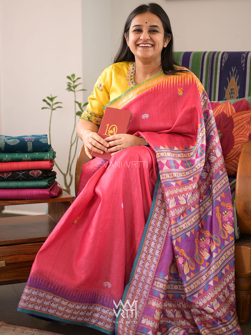 Red Purple Mustard Veena Pani Lata Master Weave Exclusive Handspun Tussar Silk Saree
