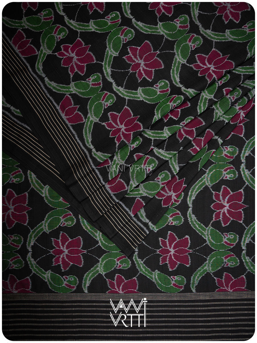 Black Deep Pink Lotus Parrot Fine Cotton Ikat Saree
