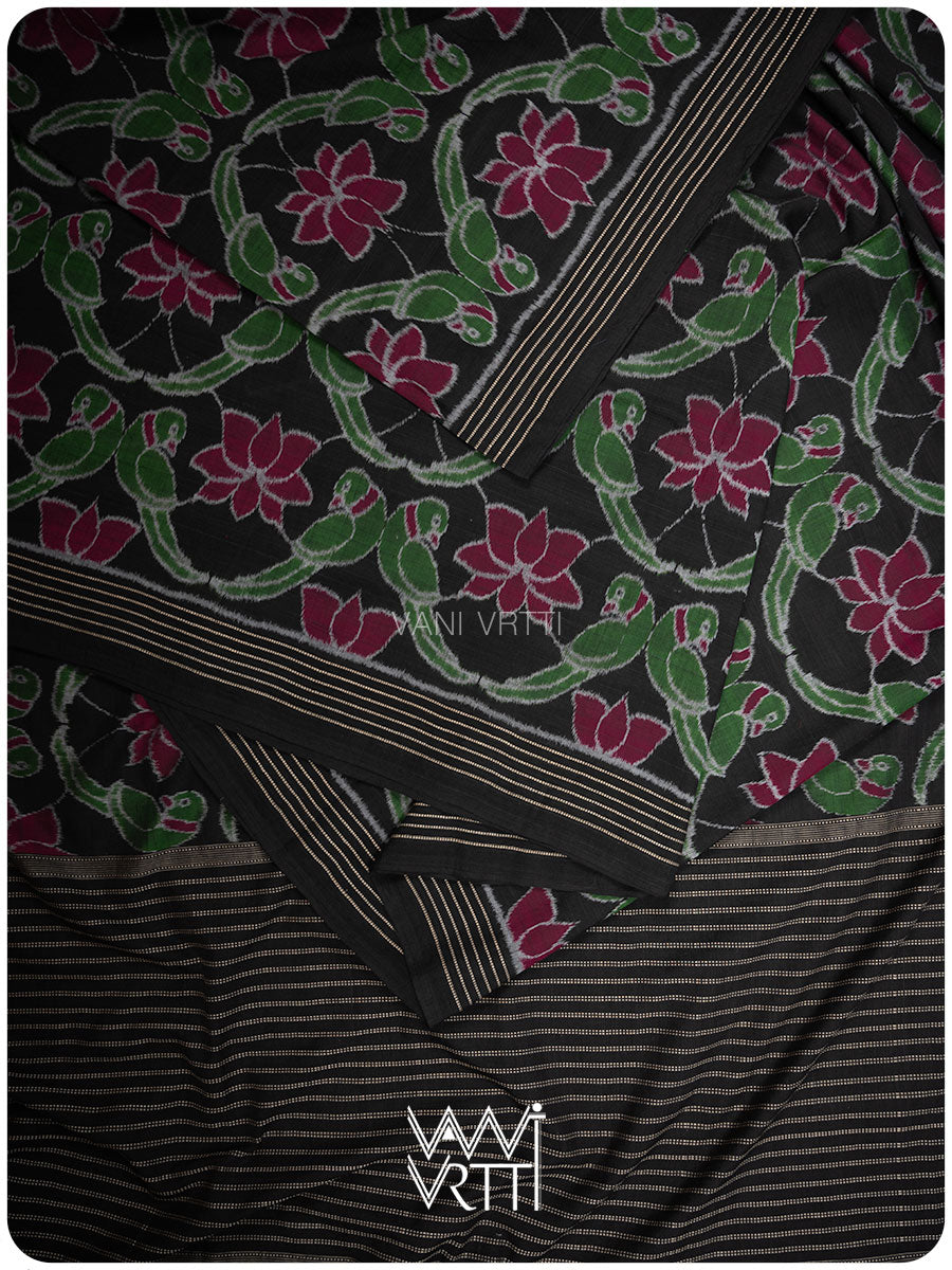 Black Deep Pink Lotus Parrot Fine Cotton Ikat Saree