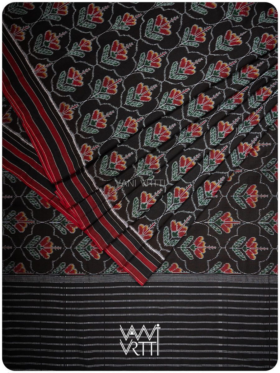 Black Red Laal Jaba Single Ikat Fine Cotton Saree