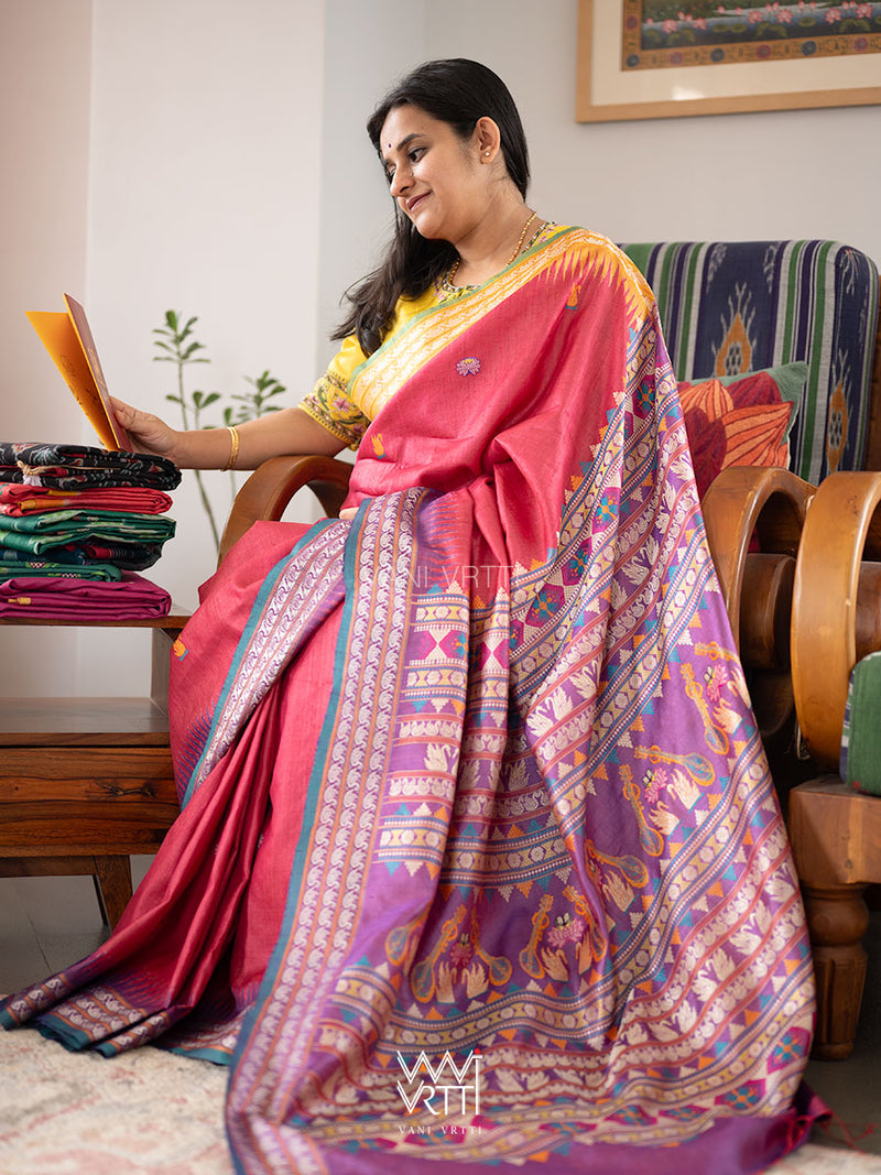 Red Purple Mustard Veena Pani Lata Master Weave Exclusive Handspun Tussar Silk Saree