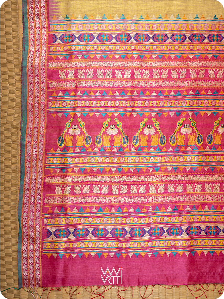 Pastel Yellow Pink Olive Veena Pani Lata Master Weave Exclusive Handspun Tussar Silk Saree