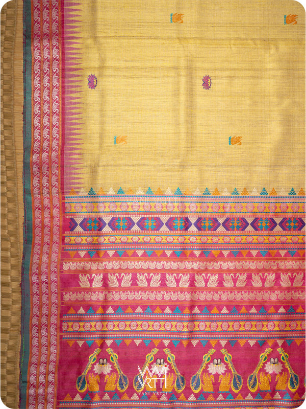 Pastel Yellow Pink Olive Veena Pani Lata Master Weave Exclusive Handspun Tussar Silk Saree