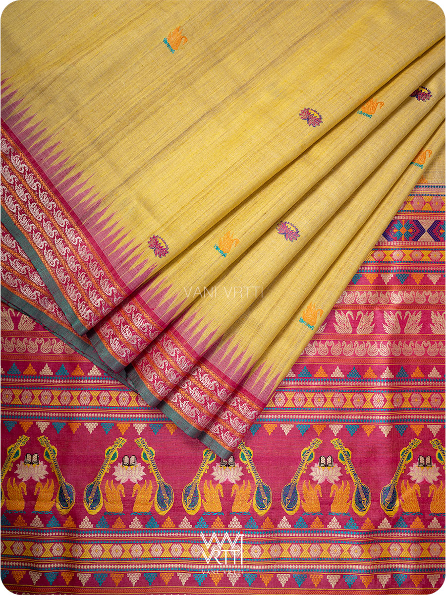 Pastel Yellow Pink Olive Veena Pani Lata Master Weave Exclusive Handspun Tussar Silk Saree