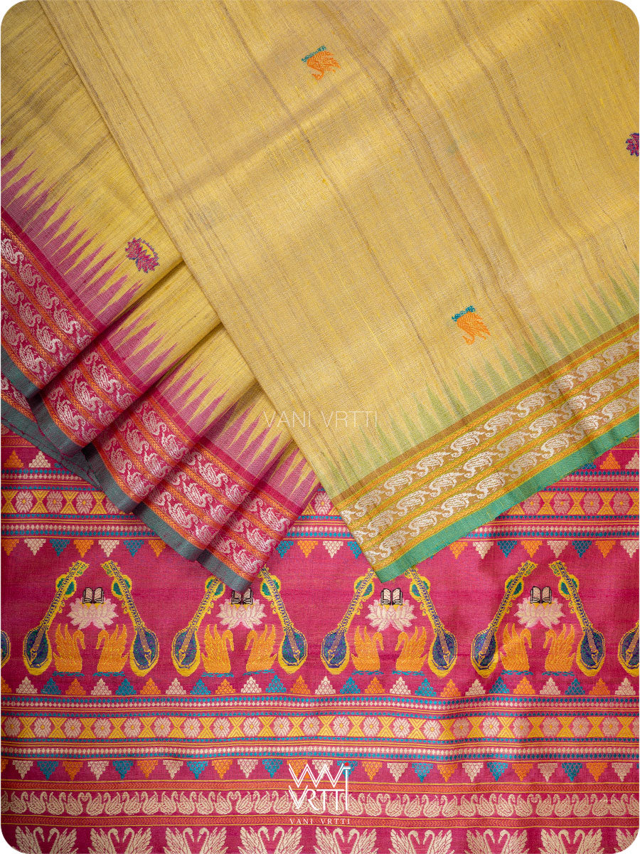 Pastel Yellow Pink Olive Veena Pani Lata Master Weave Exclusive Handspun Tussar Silk Saree