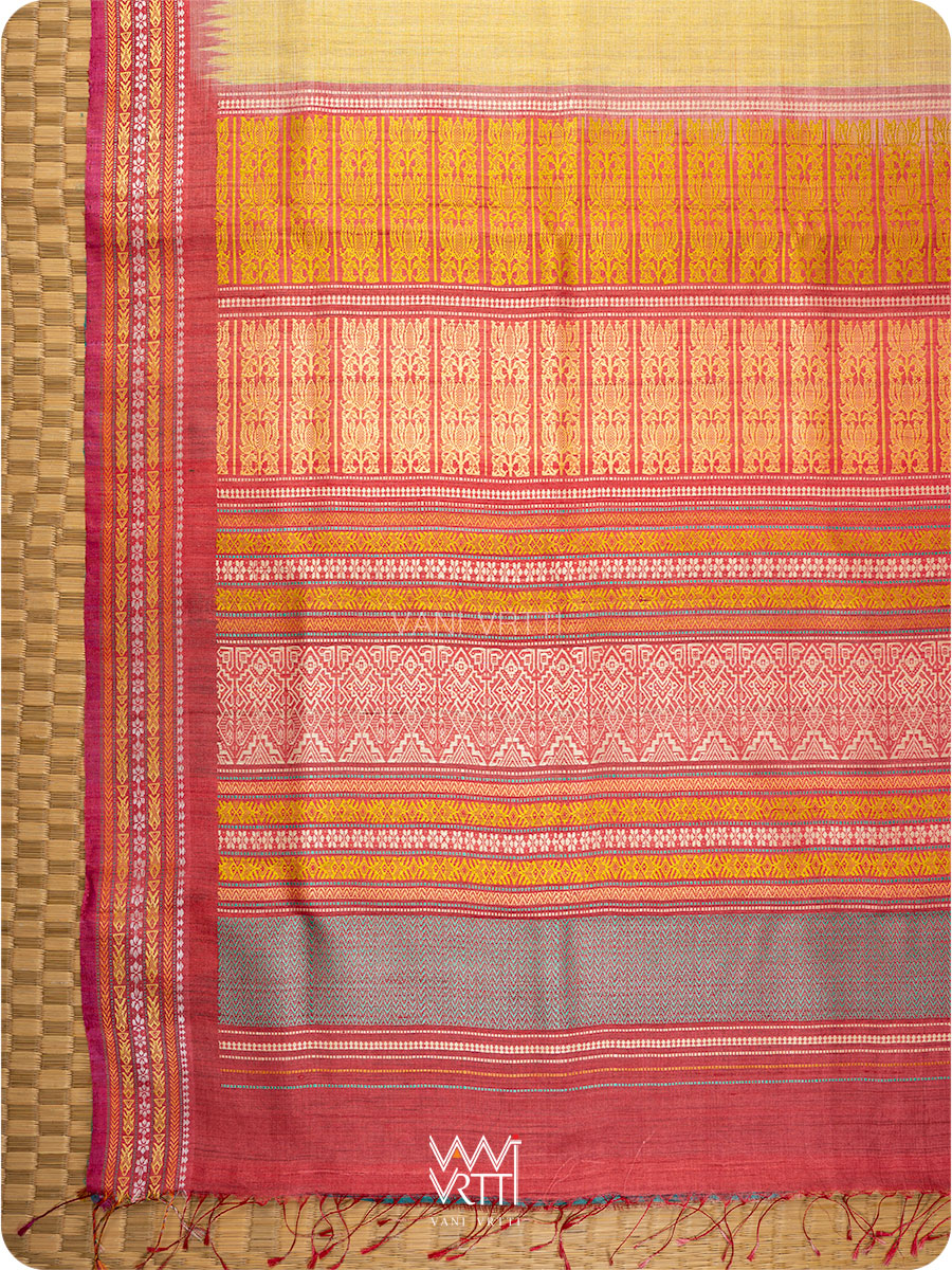 Pastel Yellow Firozi Red Ganga Jamuna Ananta Handspun Tussar Silk Saree