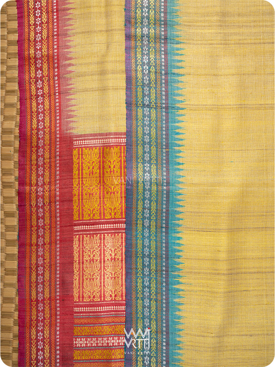 Pastel Yellow Firozi Red Ganga Jamuna Ananta Handspun Tussar Silk Saree