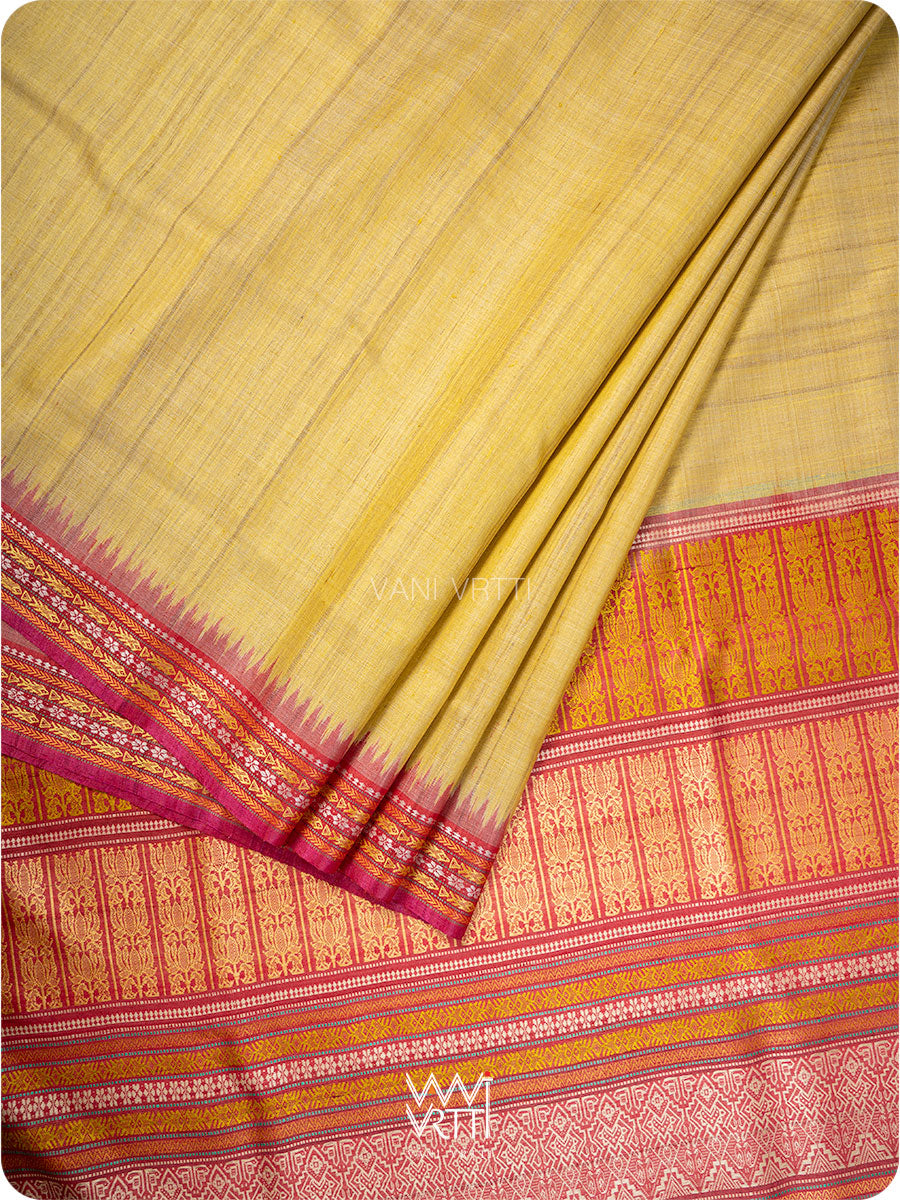Pastel Yellow Firozi Red Ganga Jamuna Ananta Handspun Tussar Silk Saree