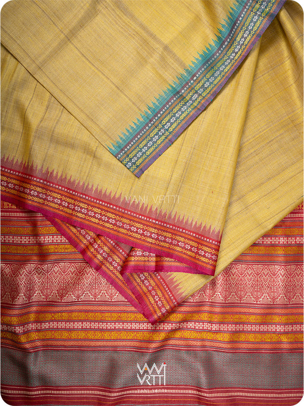 Pastel Yellow Firozi Red Ganga Jamuna Ananta Handspun Tussar Silk Saree