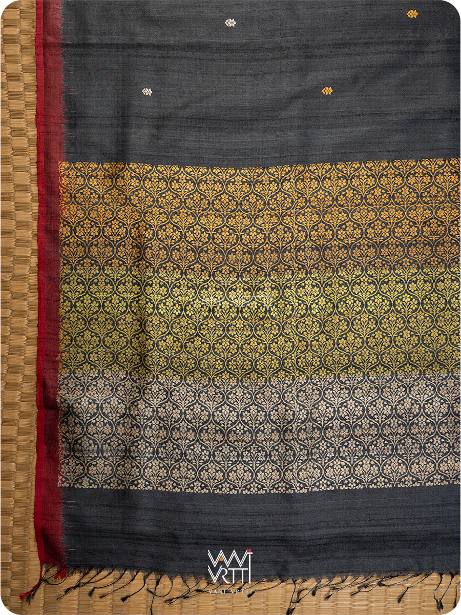 Black Parijat Jaal Handspun Tussar Silk Saree