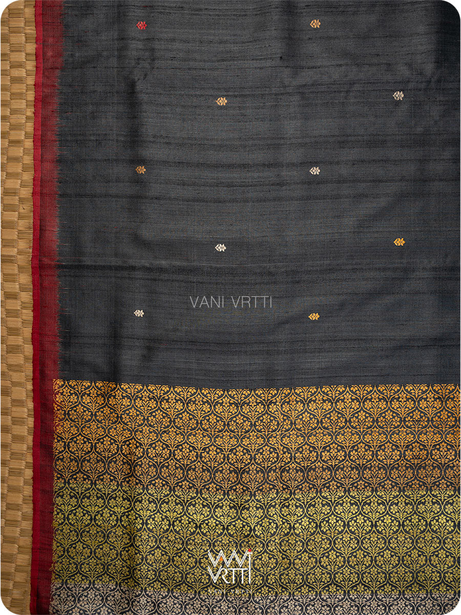 Black Parijat Jaal Handspun Tussar Silk Saree
