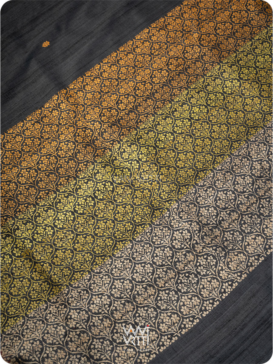 Black Parijat Jaal Handspun Tussar Silk Saree