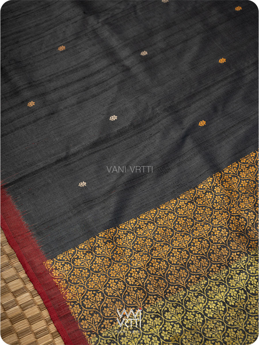 Black Parijat Jaal Handspun Tussar Silk Saree