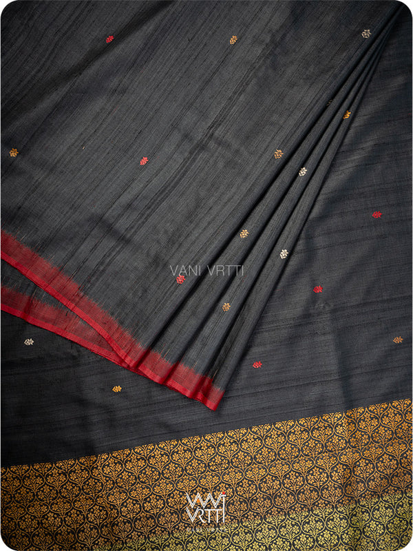 Black Parijat Jaal Handspun Tussar Silk Saree