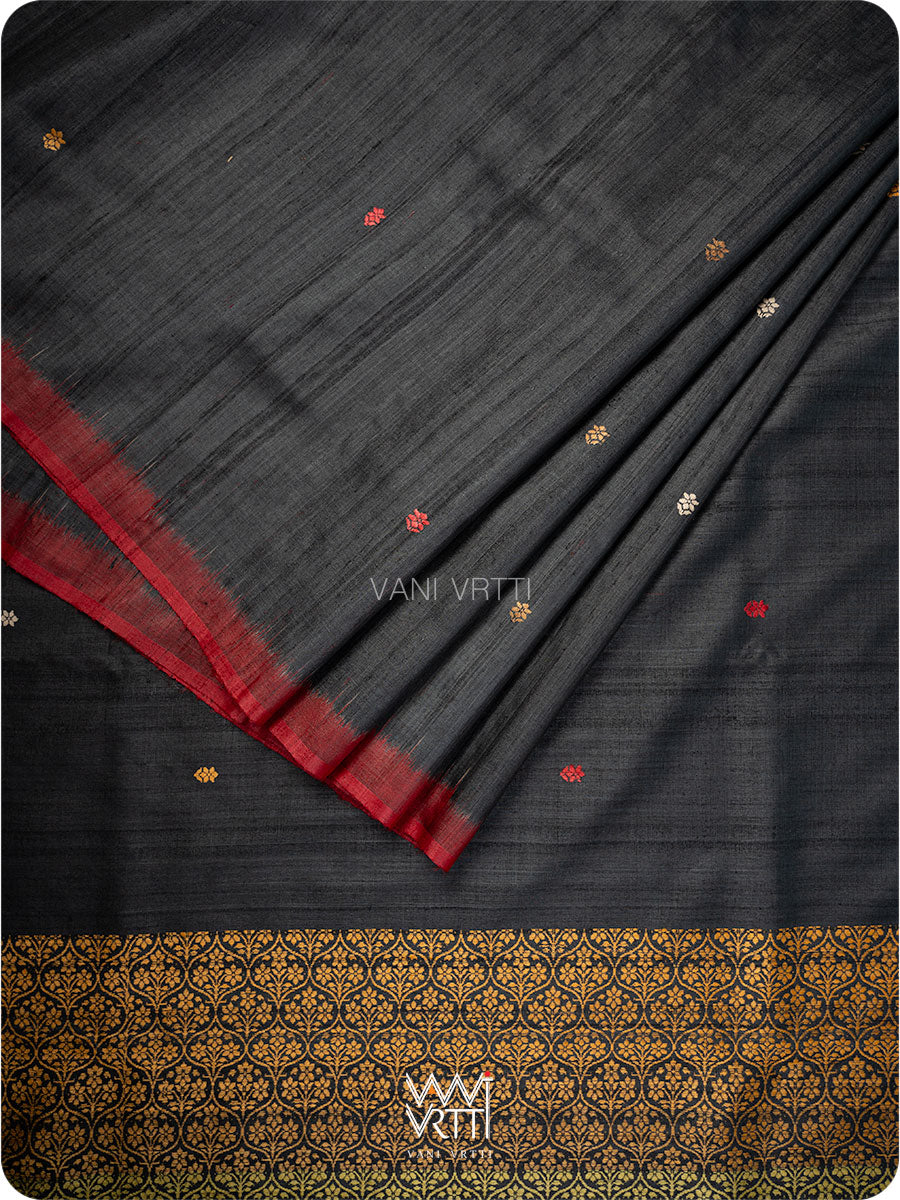 Black Parijat Jaal Handspun Tussar Silk Saree