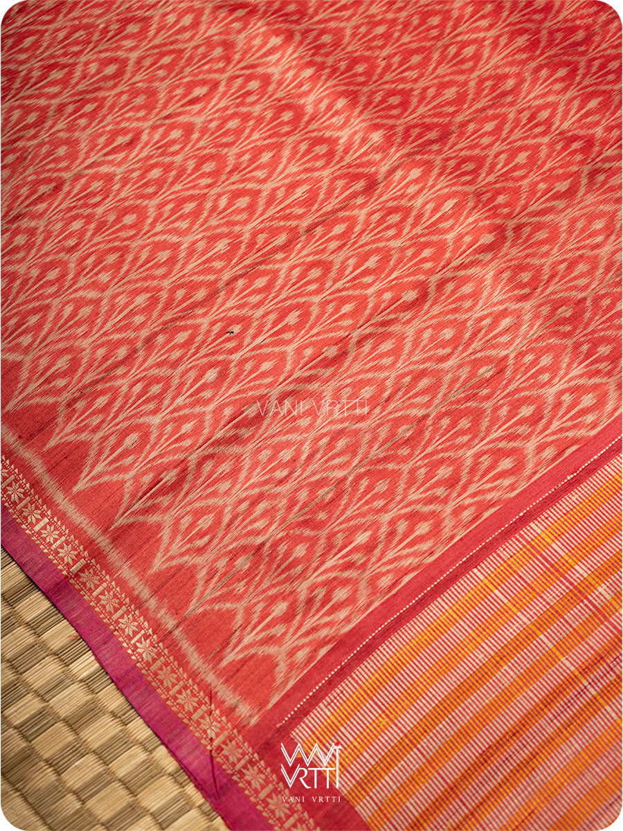 Red Iris Ikat Handspun Tussar Silk Sari