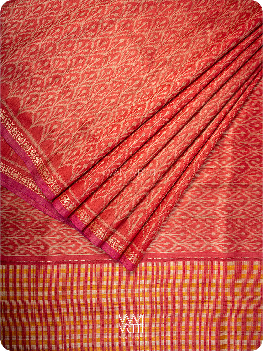 Red Iris Ikat Handspun Tussar Silk Sari