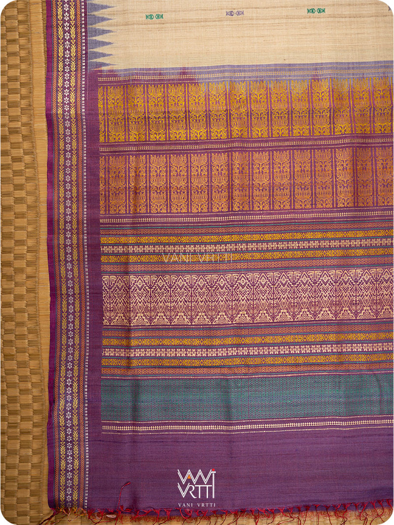 Off White Purple Green Ananta Handspun Tussar Silk Sari