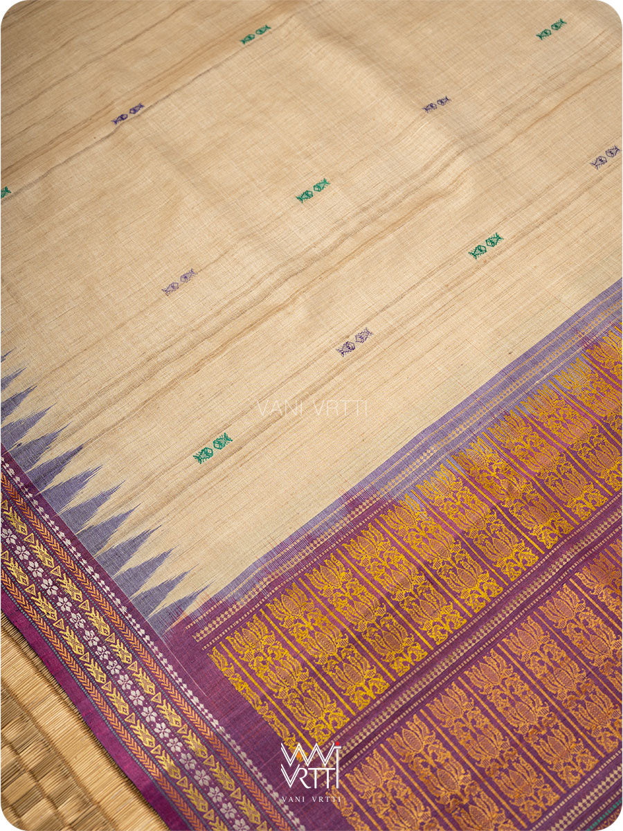 Off White Purple Green Ananta Handspun Tussar Silk Sari