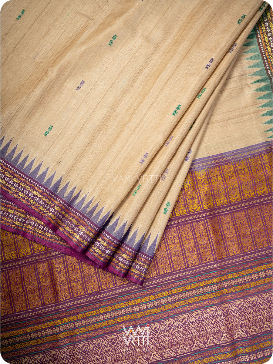 Off White Purple Green Ananta Handspun Tussar Silk Sari
