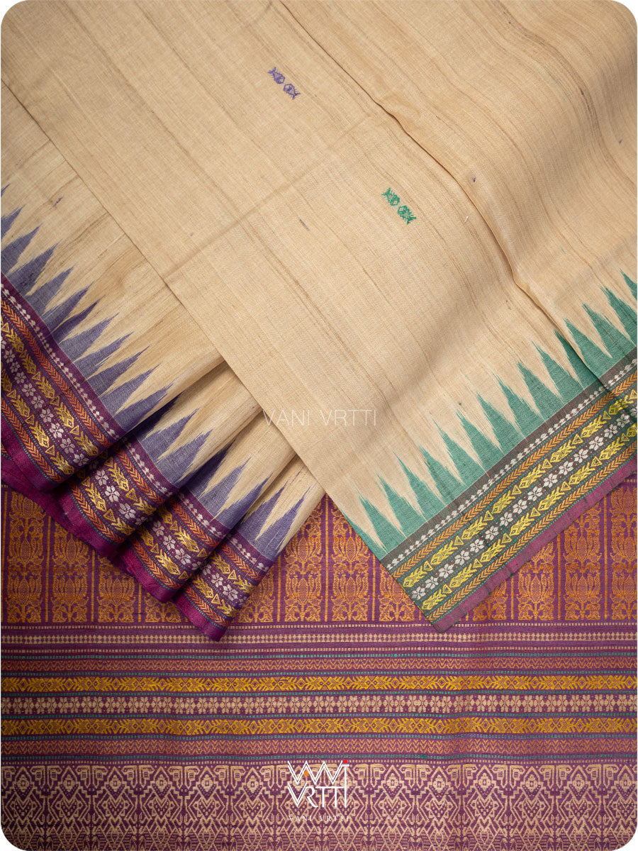 Off White Purple Green Ananta Handspun Tussar Silk Sari