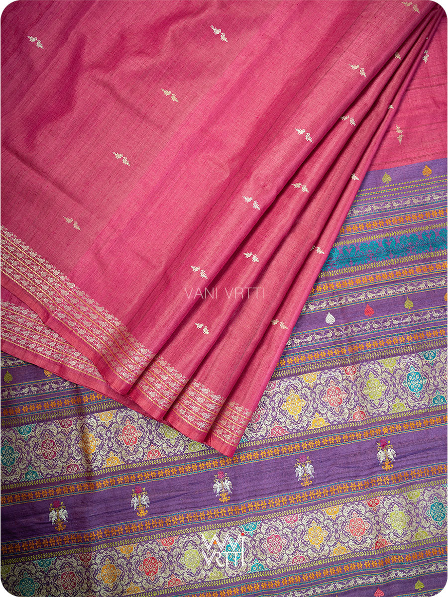 Pink Purple Nightingale Master Weave Exclusive Handspun Tussar Silk Saree