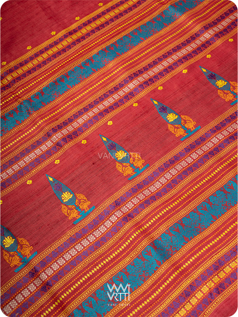 Tomato Red Tree of Life Handspun Tussar Silk Sari