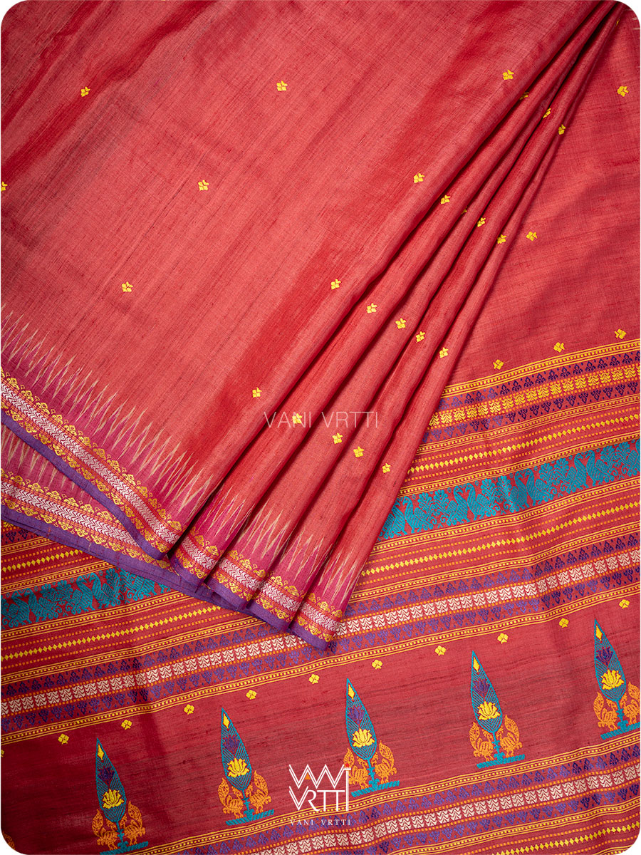 Tomato Red Tree of Life Handspun Tussar Silk Sari