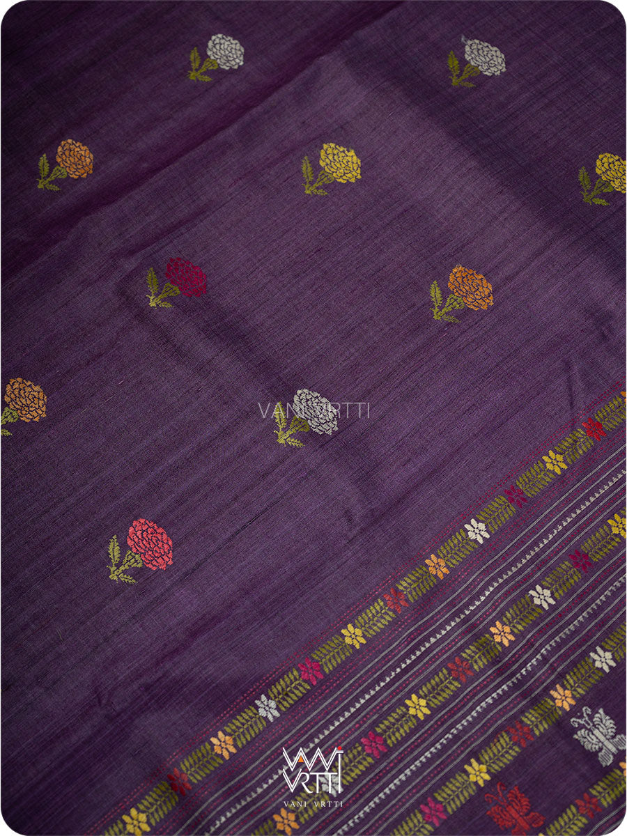 Baigani Olive Green Marigold Wild Garden Master Weave Exclusive Handspun Tussar Silk Saree