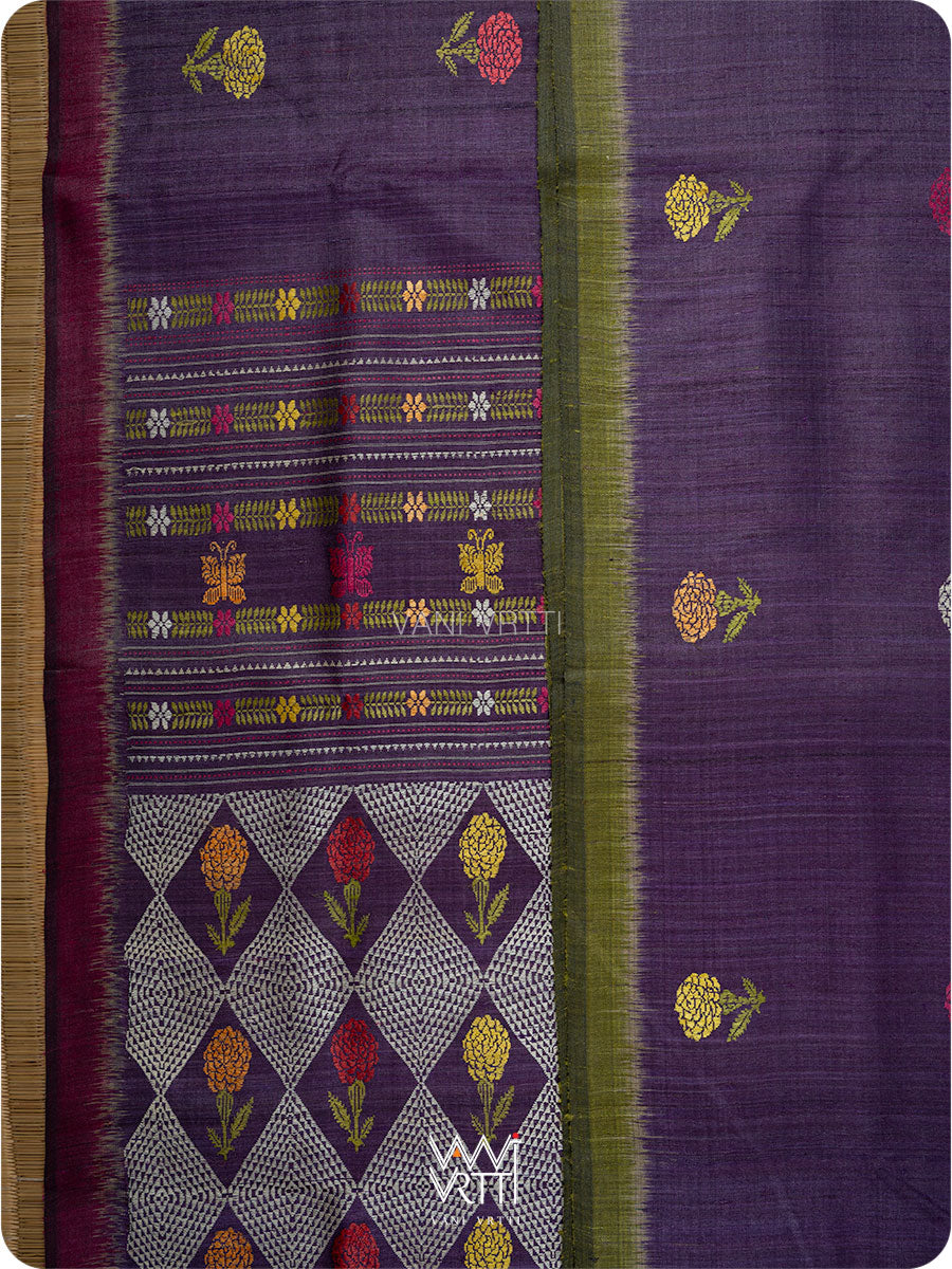 Baigani Olive Green Marigold Wild Garden Master Weave Exclusive Handspun Tussar Silk Saree