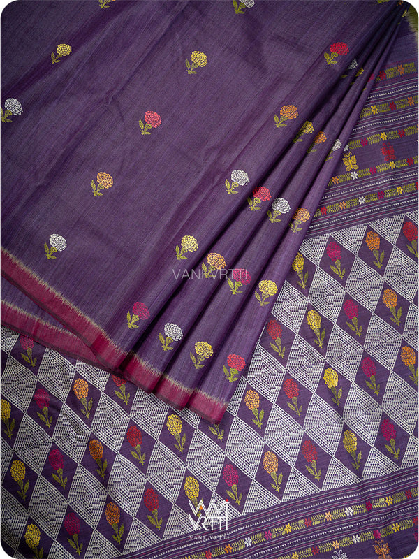 Baigani Olive Green Marigold Wild Garden Master Weave Exclusive Handspun Tussar Silk Saree