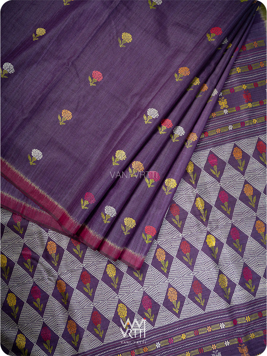 Baigani Olive Green Marigold Wild Garden Master Weave Exclusive Handspun Tussar Silk Saree