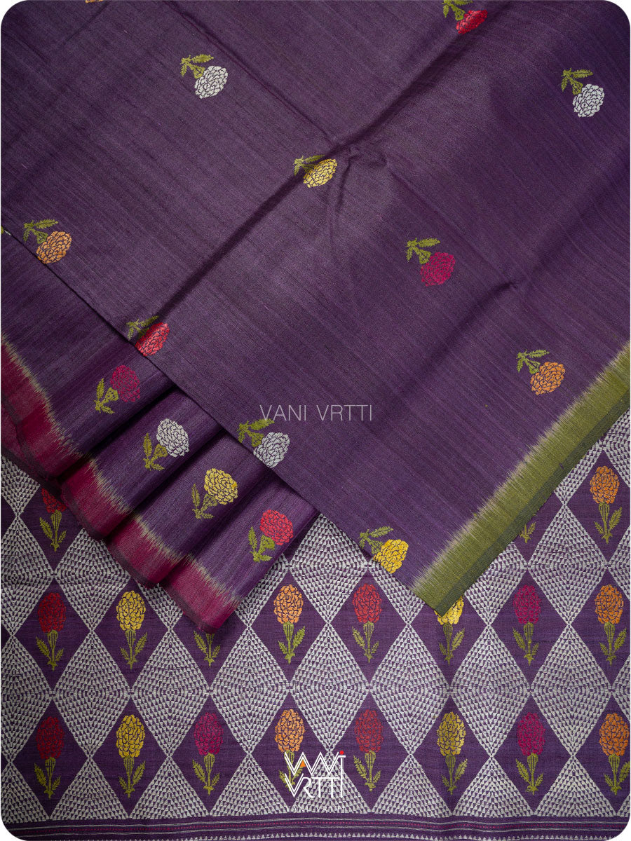 Baigani Olive Green Marigold Wild Garden Master Weave Exclusive Handspun Tussar Silk Saree