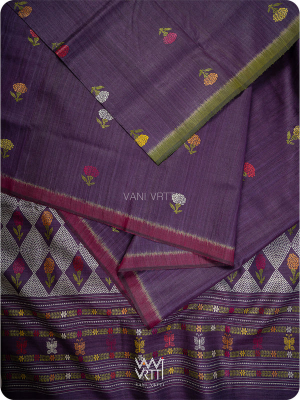 Baigani Olive Green Marigold Wild Garden Master Weave Exclusive Handspun Tussar Silk Saree