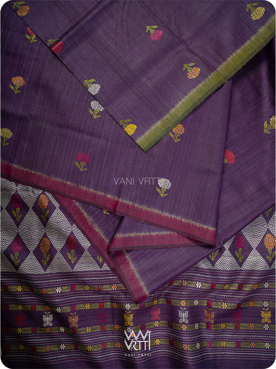 Baigani Olive Green Marigold Wild Garden Master Weave Exclusive Handspun Tussar Silk Saree