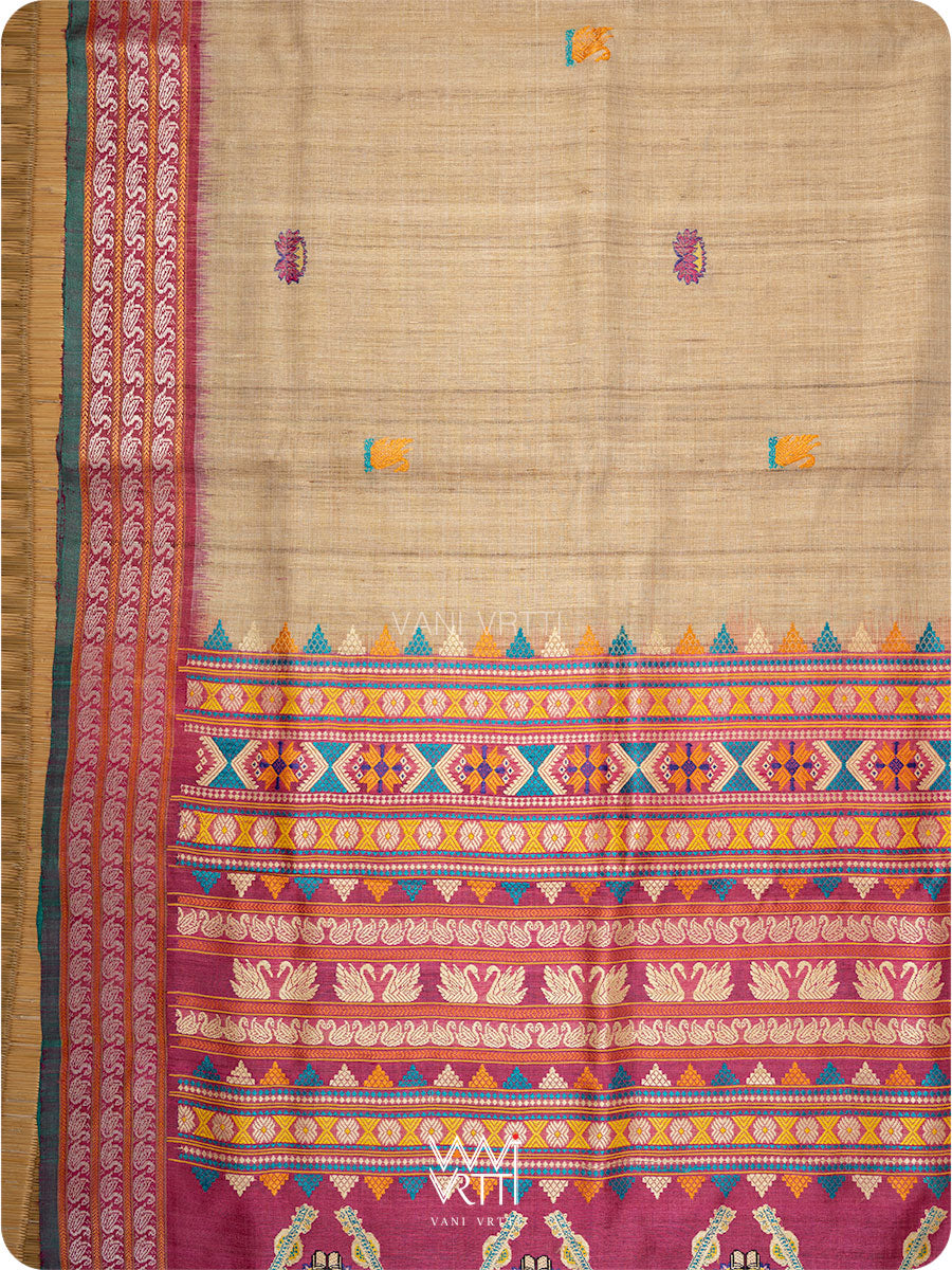 Off White Pink Green Veena Pani Lata Master Weave Exclusive Handspun Tussar Silk Saree