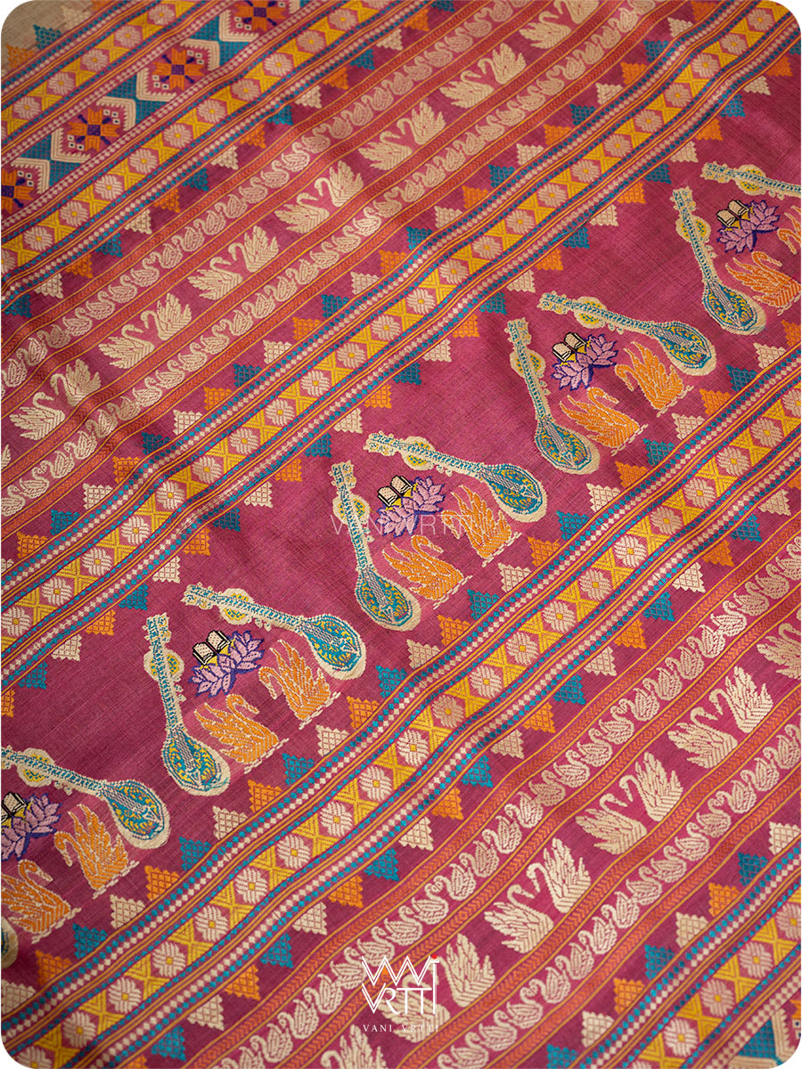 Off White Pink Green Veena Pani Lata Master Weave Exclusive Handspun Tussar Silk Saree