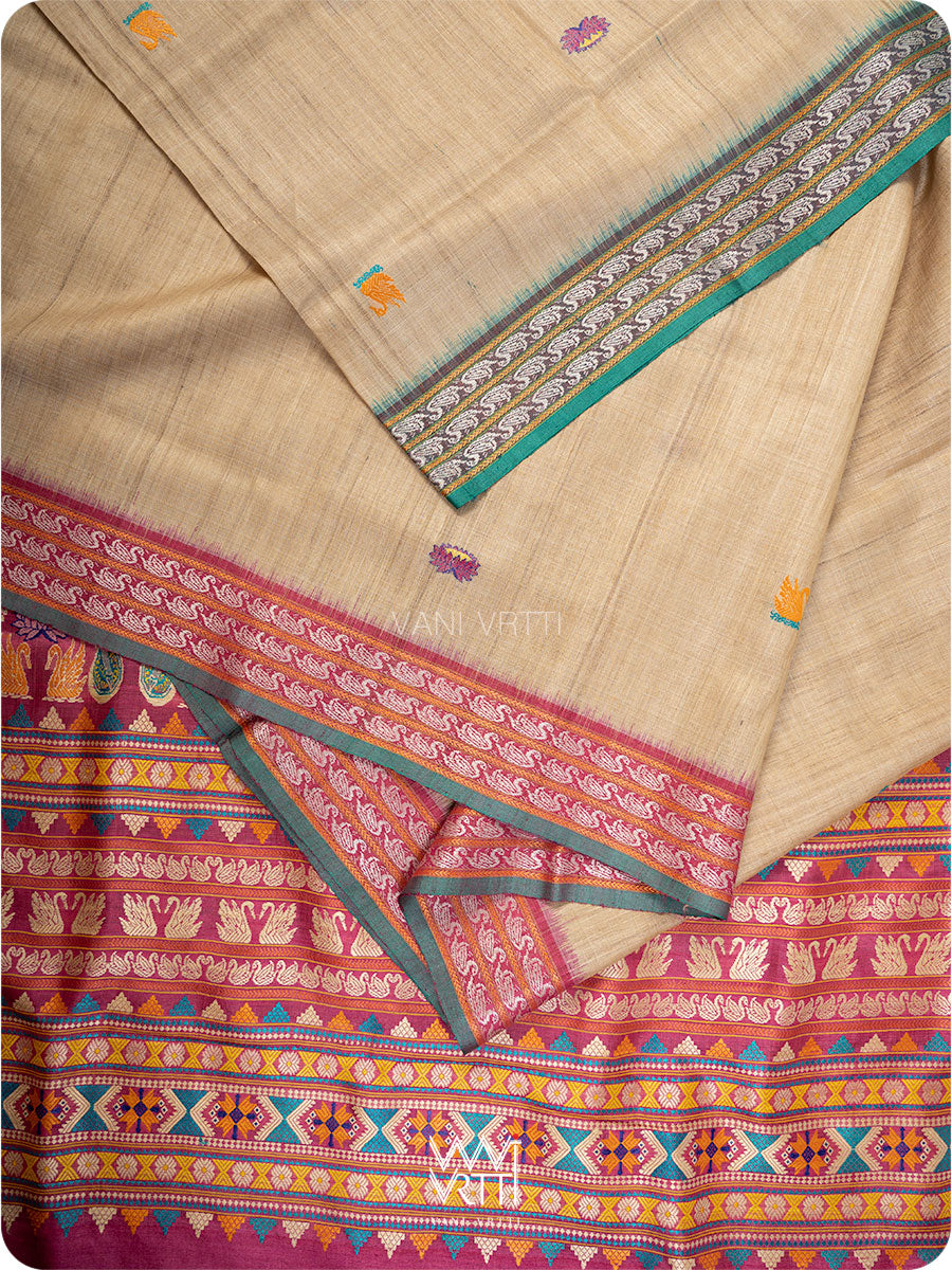Off White Pink Green Veena Pani Lata Master Weave Exclusive Handspun Tussar Silk Saree