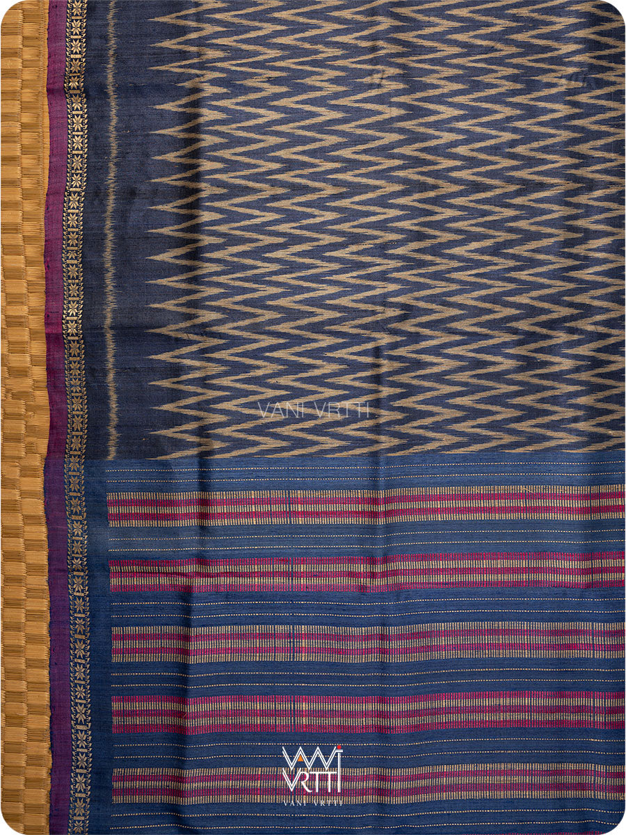 Midnight Blue Aziz Ikat Handspun Tussar Silk Saree