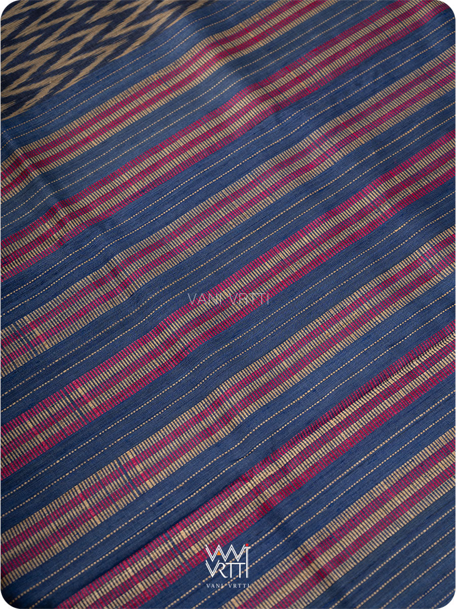 Midnight Blue Aziz Ikat Handspun Tussar Silk Saree