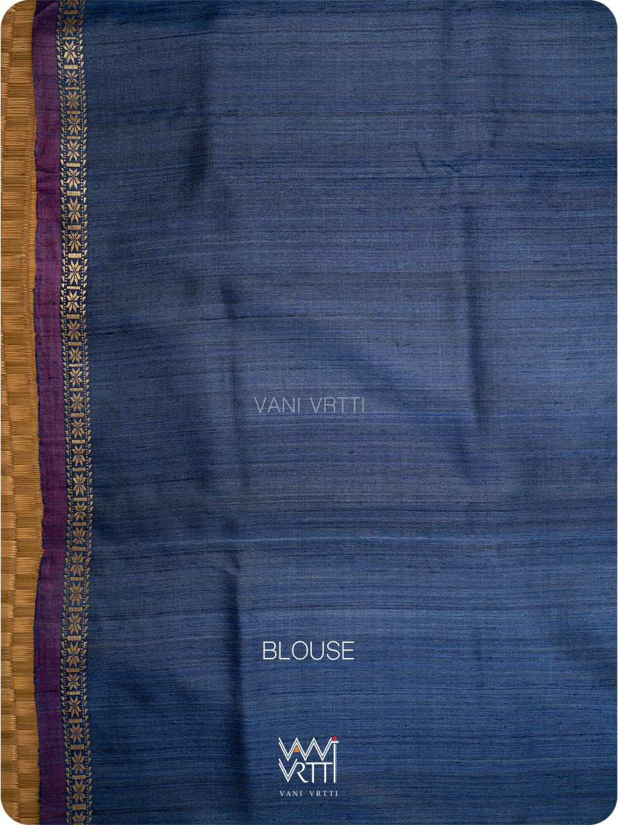 Midnight Blue Aziz Ikat Handspun Tussar Silk Saree